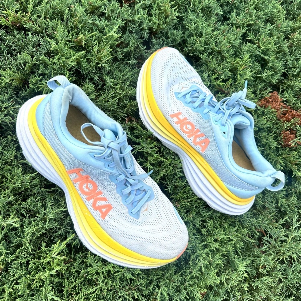 Hoka Bondi 8 Women's Athletic Shoes Size 10 Sky Blue Yellow Sneakers